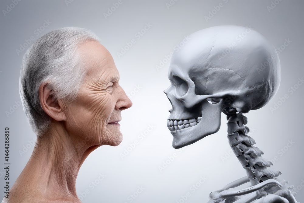 Aufkleber elderly woman gazing at a human skull exploring the intricate connection between life and death refl