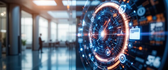 A digital interface with futuristic data and icons displayed on a transparent screen inside a modern office environment.