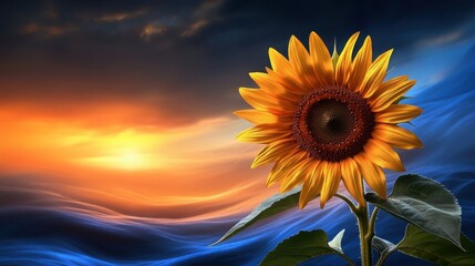Obraz premium Majestic sunflower at sunset vibrant colors dramatic sky nature s beauty serene landscape golden hour artistic