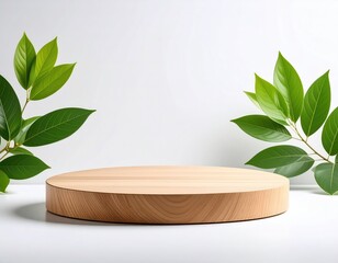 Natural Wooden Display: Minimalist Oval Platform with Lush Greenery