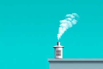 A chimney releasing smoke rings into a crisp blue sky