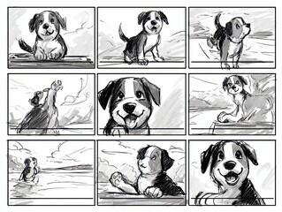 Animated puppy storyboarding sketches of a playful dog.