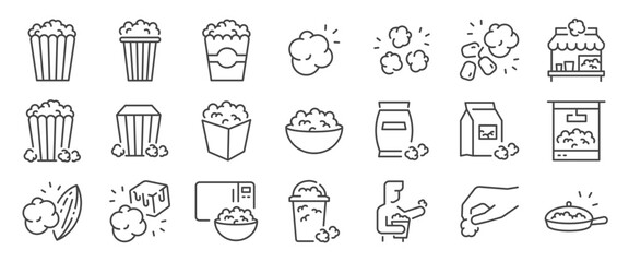 Popcorn icon set. It includes snack, corn, dessert, crispy and more icons. Editable Vector Stroke.