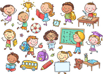 Clipart set with cute kids. School children with books and school supplies. Cartoon kids characters in different situations. Classroom, learning and education graphics