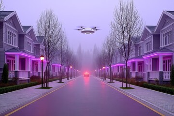 Fototapeta premium A cyberpunk neighborhood with glowing street signs neon-lit homes and flying delivery drones