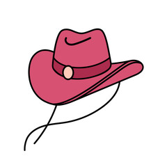 Pink core Cowboy hat. Cowboy western and wild west theme concept. Hand drawn vector illustration. Doodle icon. Pink cowgirl hat