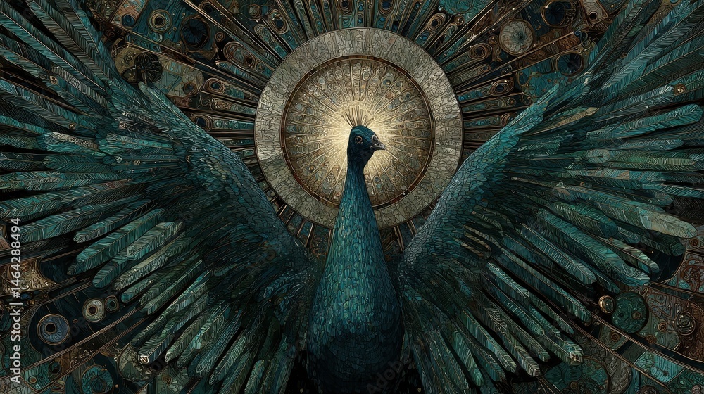 Poster intricate peacock design in a circular pattern.