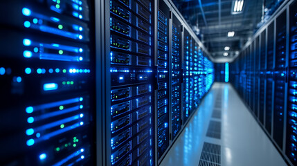 近未来的なデータセンターのサーバールーム内部

