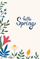 Decorative frame, border with flowers - tulip, leaves, lilies. Hello Spring hand drawn lettering. Vector. Doodle style. Copy space, design template. Hand drawn spring and summer flowers and foliage