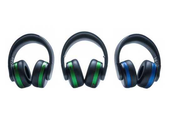 Three modern headsets with green and blue accents displayed on transparent background