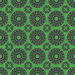 Seamless Green Fabric Pattern with Circular Floral and Star Motifs – Embroidered Textile Design