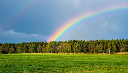 A vibrant rainbow arcs over a lush green field and a dense forest under a partly cloudy sky, creating a picturesque natural scene