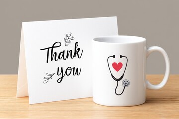 A mug with stethoscope heart print placed in front of a thank you nurse card