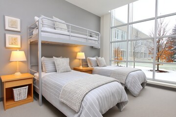 A shared dorm with bunk beds desks and laundry baskets