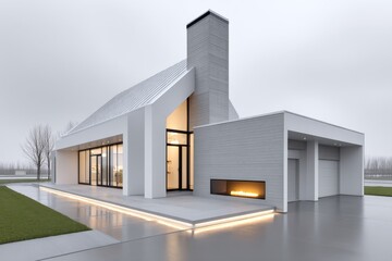 A side view of a modern concrete house with sleek chimney design