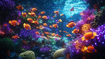 Obraz premium Glowing coral reef teeming colorful fish and marine life vibrant bioluminescent organisms lighting up the scene cinematic underwater paradise