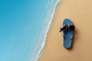 Fototapeta premium A stylish blue flip flop with sunglasses resting on golden sandy beach near turquoise waves evoking a sense of summer relaxation and carefree vibes captured with clarity