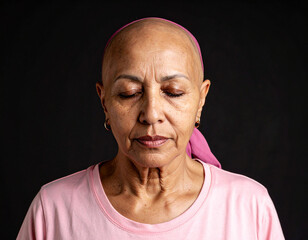 Obraz premium Una mujer mayor con los ojos cerrados y un pañuelo en la cabeza luchando contra la enfermedad del cancer sobre fondo negro