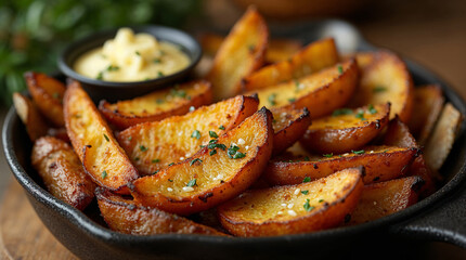 Golden roasted potato wedges with dipping sauce in a skillet