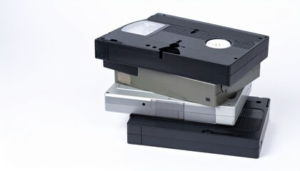 A stack of vintage VHS tapes, showcasing the classic design and nostalgic appeal of analog video technology