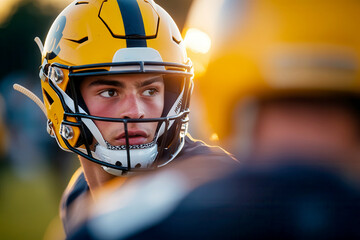 Focused male American football player during sunset