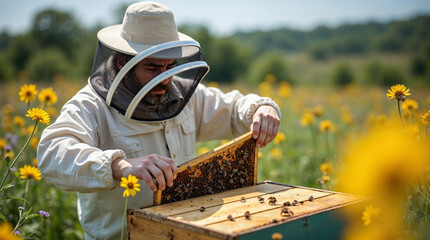 Beekeeper working in a field with hive and bees