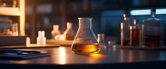 Golden elixir brewing inside a laboratory flask under subtle lighting