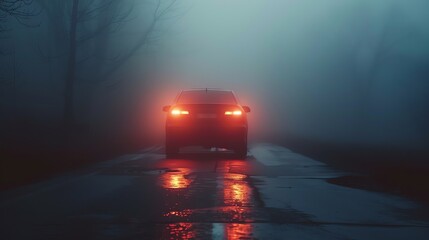 A car drives through a foggy forest at night. The only light comes from the car's headlights and taillights, which reflect off the wet road.