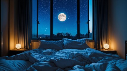 A luxurious hotel bedroom interior at night features a comfortable bed with soft pillows, illuminated by a warm lamp, inviting a peaceful sleep