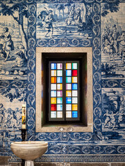 Interior and magnificent azulejo tiling in the famous Santuario de Nossa Senhora da Nazare in...