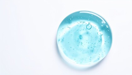 A clear dish filled with blue water and bubbles, set against a clean white background, creating a serene and refreshing visual