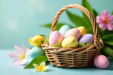 Pastel colored eggs in a woven basket, spring flowers , Easter crafts, painted eggs, decoration