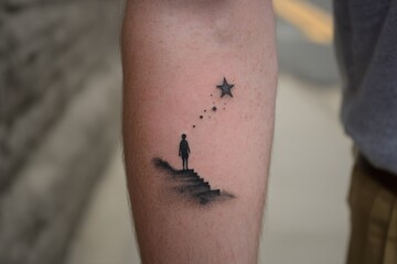 Obraz premium Small, minimalist tattoo design of a figure on a hill looking at a star.