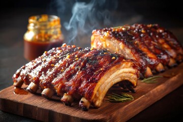 Juicy barbecue pork ribs glazed with sauce, served hot and steaming on a wooden board with a jar of barbecue sauce in the background.