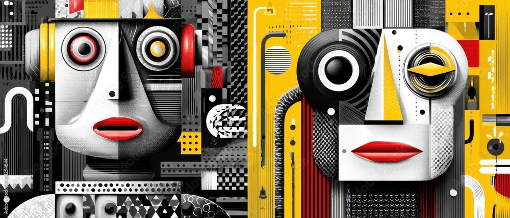 Poster abstract geometric robot faces with bold colors and patterns in a modern art style, creating a futur