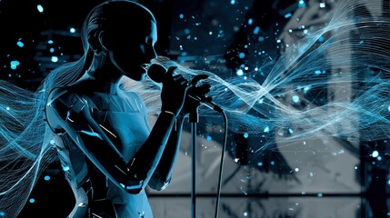 Fototapeta premium Silhouette figure singing into a microphone with digital light effects.
