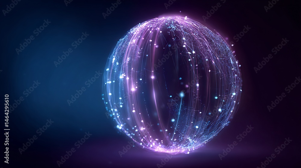 Poster abstract luminous sphere of data network connections with vibrant light trails