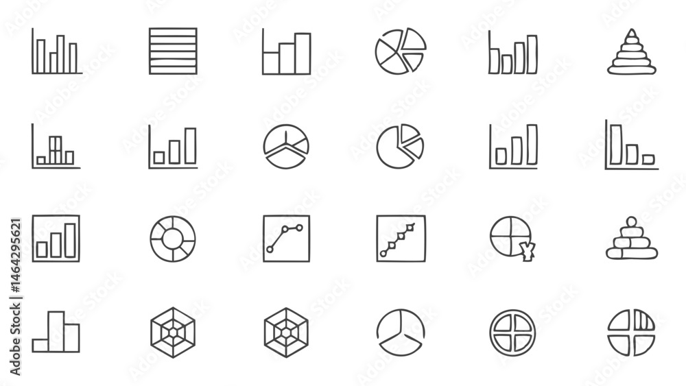 Poster collection of data visualization charts and graphs including bar pie line and pyramid diagrams icons