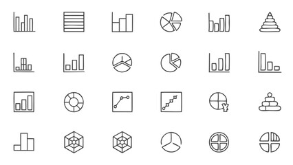 Collection of data visualization charts and graphs including bar pie line and pyramid diagrams icons set vector isolated on transparent background