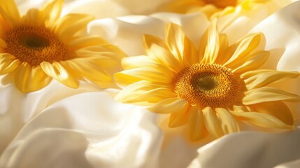 Radiant sunflowers on creamy satin bathed in soft sunlight evoke feelings of warmth peace and summer s gentle