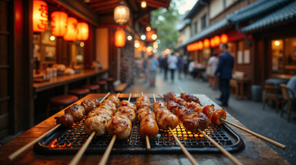 Yakitori skewers on a busy street in Japan at dusk