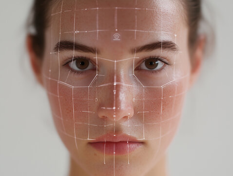 Young woman's face with facial recognition technology overlay