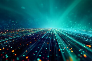 Futuristic digital landscape glowing with vibrant teal and orange light streams data flow technology abstract background