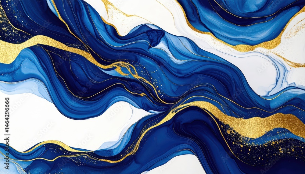Poster a fluid abstract design featuring swirling blue tones accented with shimmering gold elements, creati