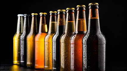 A brown glass beer bottle and white wine bottles, full of cold liquid alcohol, stand isolated as refreshment drinks