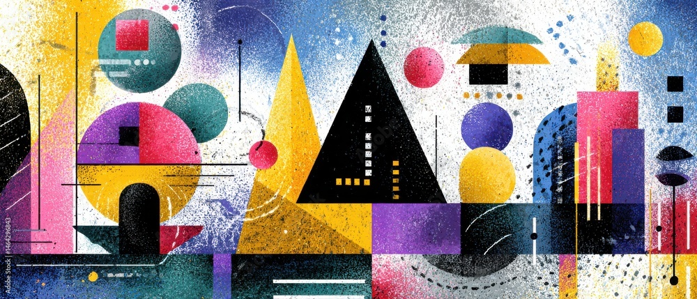 Poster vibrant abstract geometric shapes in colorful composition, modern art with triangles, circles, and r