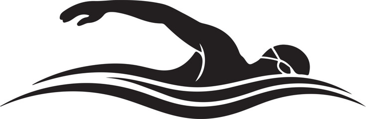 Swimming athlete in action vector silhouette illustration. Swimmer performing freestyle stroke. Swimming competition icon. Swim sport symbol design.