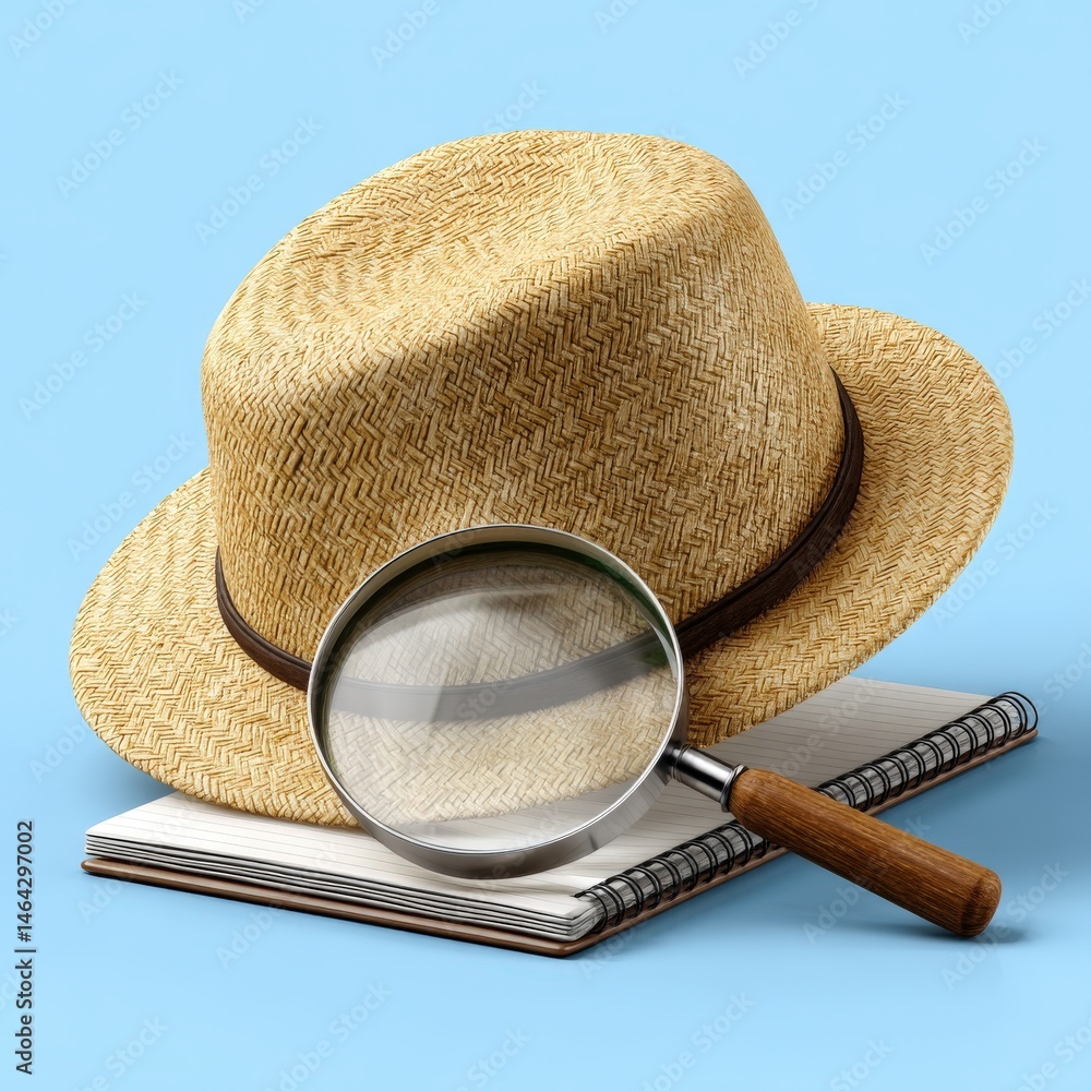 Poster summer exploration tools displayed with a straw hat magnifying glass and notebook capturing curiosit