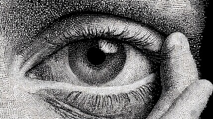 Closeup Pointillist Eye with Finger, and Monochrome Art.