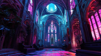 Vibrant gothic cathedral interior, vibrant colors.